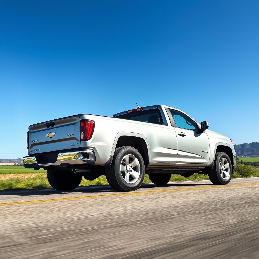 A silver pickup truck on an open road under clear blue skies, captured from a front angle