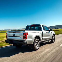 A silver pickup truck on an open road under clear blue skies, captured from a front angle