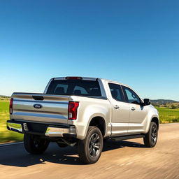 A silver pickup truck on an open road under clear blue skies, captured from a front angle