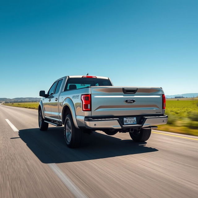 A silver pickup truck on an open road under clear blue skies, captured from a front angle