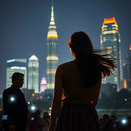 A vibrant night scene of Jakarta's skyline with sparkling skyscrapers in the background