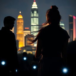 A vibrant night scene of Jakarta's skyline with sparkling skyscrapers in the background