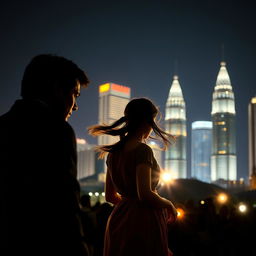 A vibrant night scene of Jakarta's skyline with sparkling skyscrapers in the background