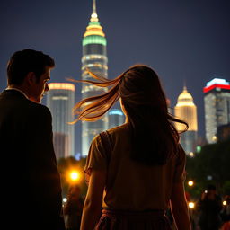 A vibrant night scene of Jakarta's skyline with sparkling skyscrapers in the background