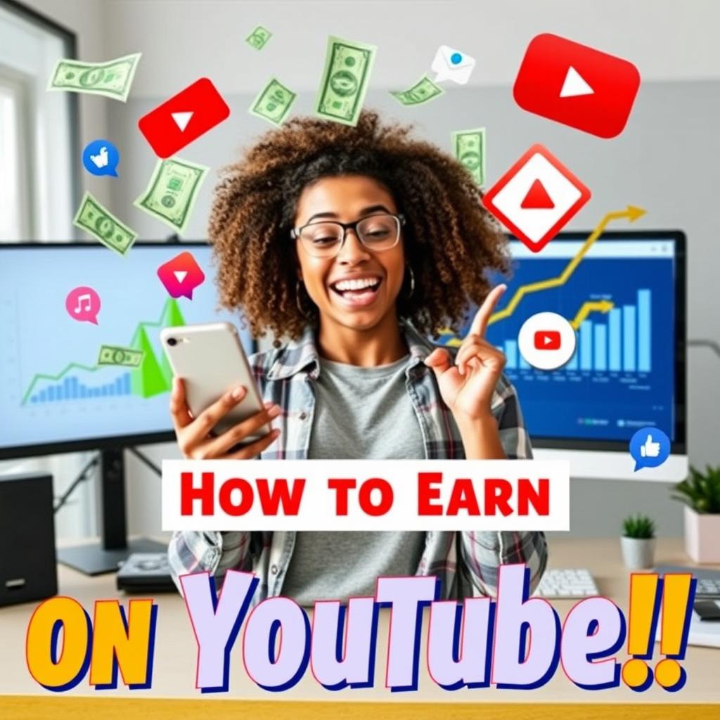 A vibrant YouTube thumbnail featuring a dynamic collage of elements symbolizing success and earnings on YouTube