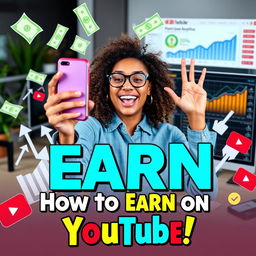 A vibrant YouTube thumbnail featuring a dynamic collage of elements symbolizing success and earnings on YouTube