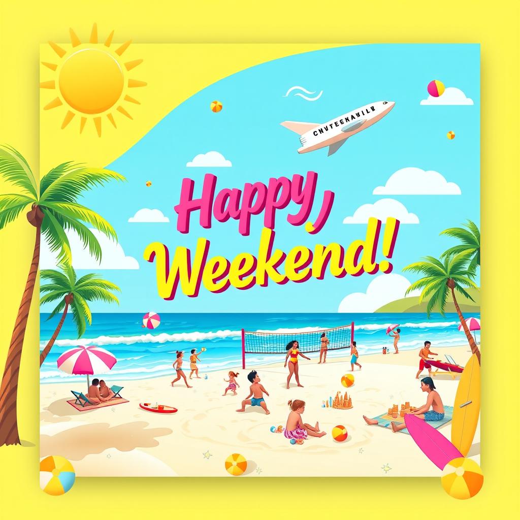 A vibrant and cheerful weekend flyer design for Instagram, showcasing a sunny beach scene with colorful beach umbrellas, people joyfully playing beach volleyball, children building sandcastles, and a family having a picnic