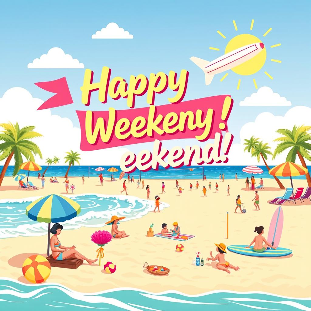 A vibrant and cheerful weekend flyer design for Instagram, showcasing a sunny beach scene with colorful beach umbrellas, people joyfully playing beach volleyball, children building sandcastles, and a family having a picnic