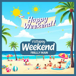 A vibrant and cheerful weekend flyer design for Instagram, showcasing a sunny beach scene with colorful beach umbrellas, people joyfully playing beach volleyball, children building sandcastles, and a family having a picnic