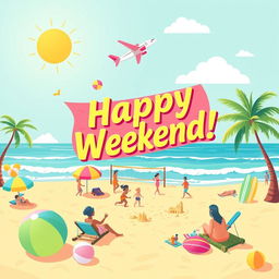 A vibrant and cheerful weekend flyer design for Instagram, showcasing a sunny beach scene with colorful beach umbrellas, people joyfully playing beach volleyball, children building sandcastles, and a family having a picnic