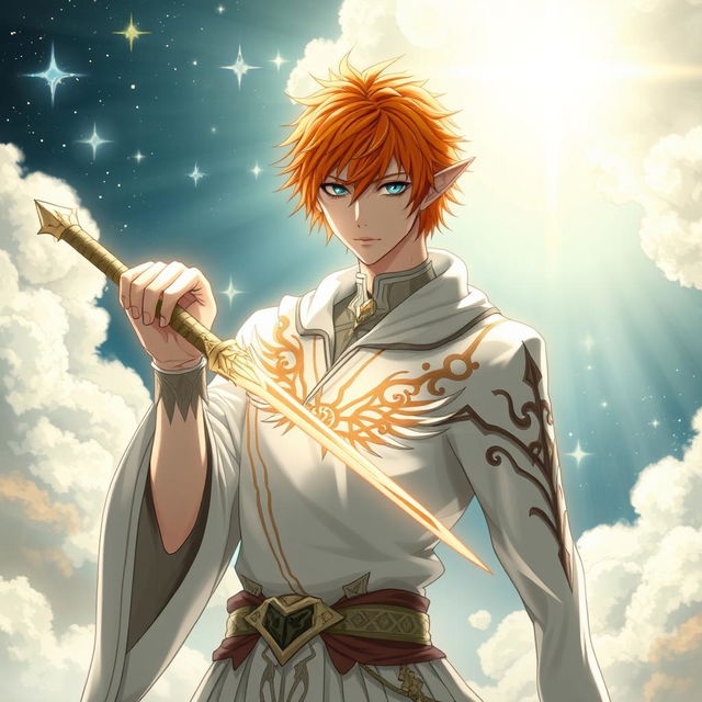 Ichigo Kurosaki in his white bankai form envisioned as a half-elf Aasimar, without wings