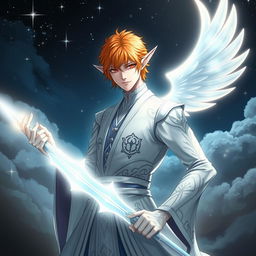 Ichigo Kurosaki in his white bankai form envisioned as a half-elf Aasimar, without wings