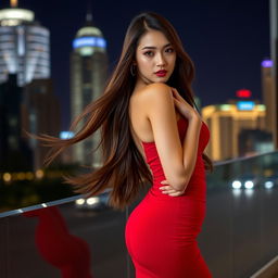 Gorgeous Asian model with long flowing hair, wearing a form-fitting elegant red dress that accentuates her curves, standing gracefully against a luxurious urban nightscape