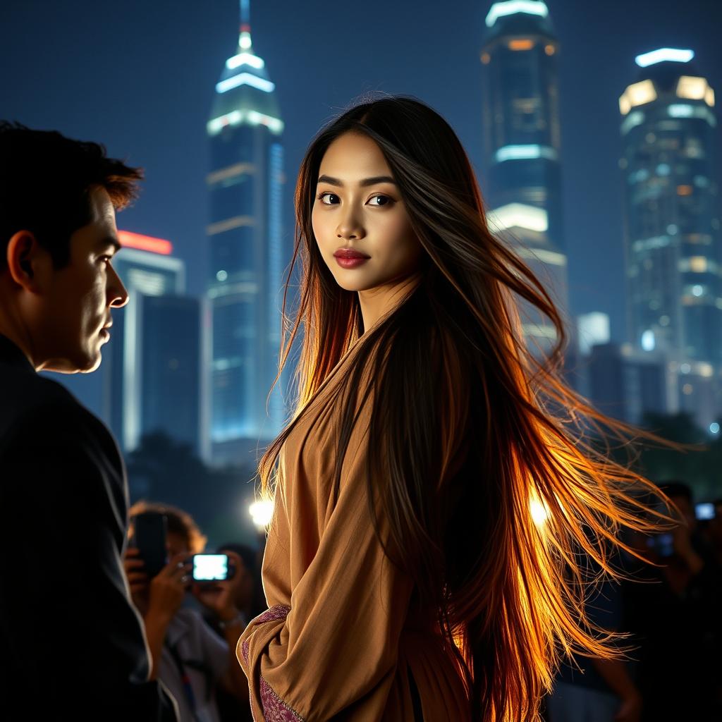 A young woman with flowing long hair stands facing the camera, her simple traditional village attire contrasting with the glistening cityscape of Jakarta at night