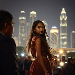 A young woman with flowing long hair stands facing the camera, her simple traditional village attire contrasting with the glistening cityscape of Jakarta at night