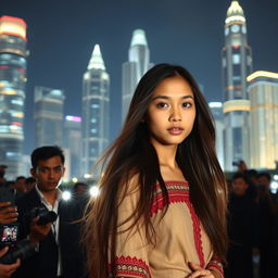 A young woman with flowing long hair stands facing the camera, her simple traditional village attire contrasting with the glistening cityscape of Jakarta at night