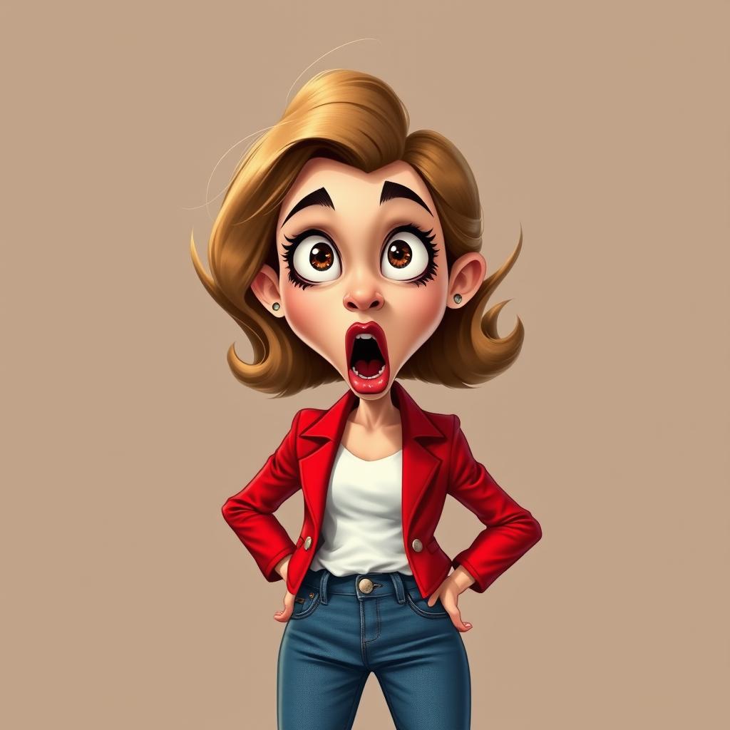 Retro caricature of a shocked girl wearing a red blazer and long jeans, depicted in a portrait position