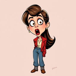 Retro caricature of a shocked girl wearing a red blazer and long jeans, depicted in a portrait position