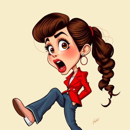 Retro caricature of a shocked girl wearing a red blazer and long jeans, depicted in a portrait position