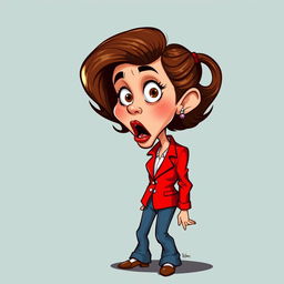 Retro caricature of a shocked girl wearing a red blazer and long jeans, depicted in a portrait position