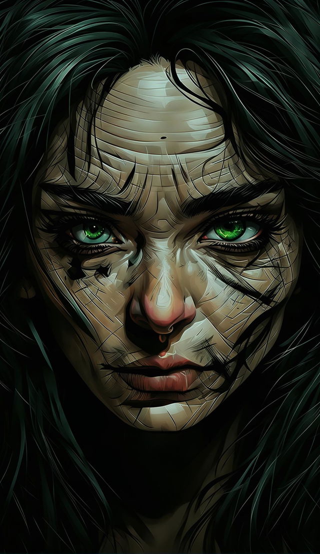 A detailed digital art piece featuring a woman with an intense, angry stare. Her vibrant green eyes are intricately detailed and glow with an inner fire. Her face is textured with fine lines and wrinkles, and her dark hair frames her face. The background is simple and dark to keep focus on her.