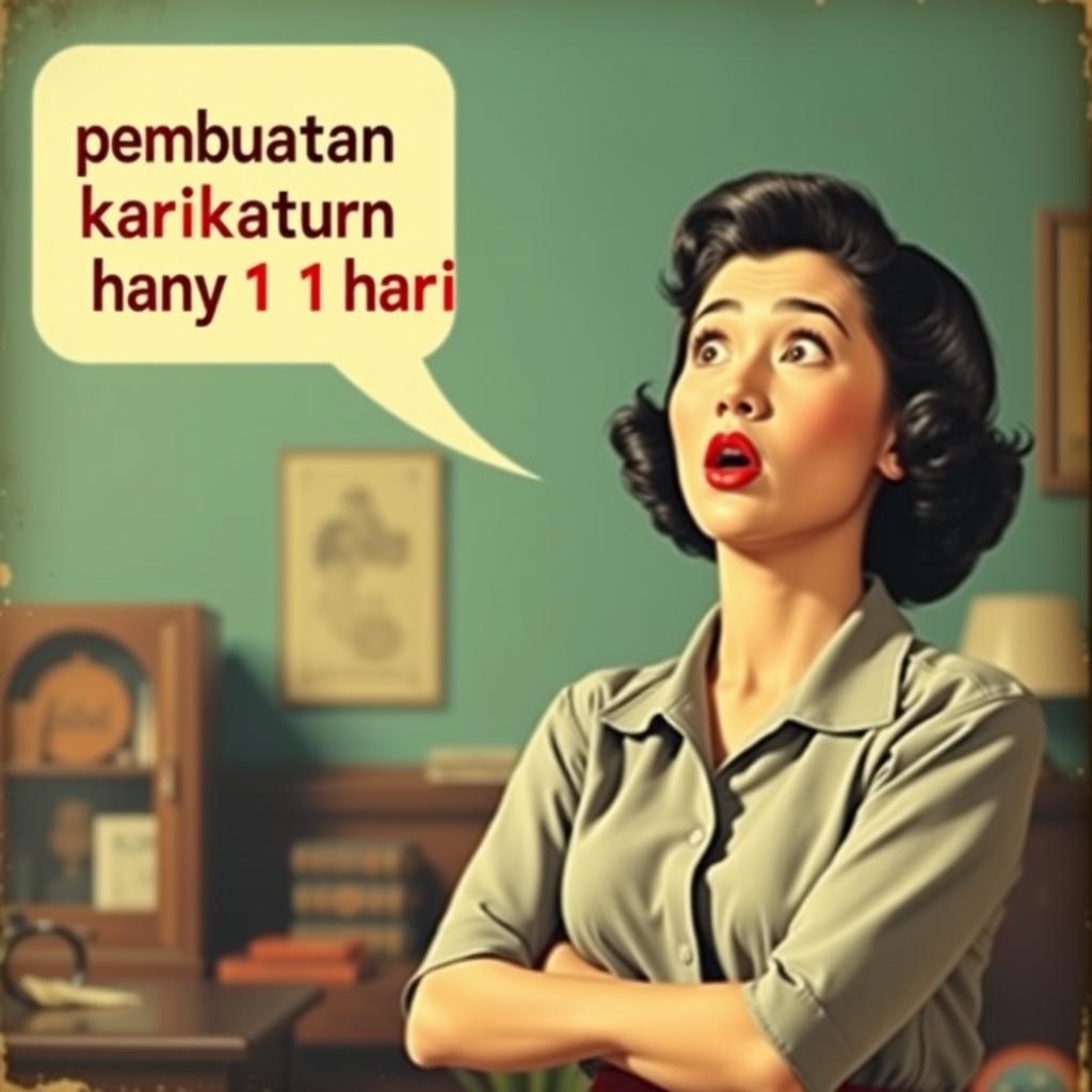 A retro advertisement featuring a woman with an oversized head and a small body, expressing a shocked look while gazing to the upper left