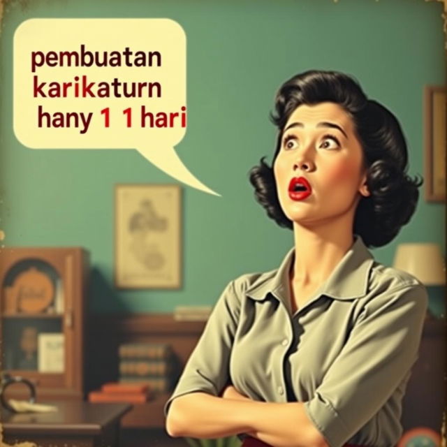 A retro advertisement featuring a woman with an oversized head and a small body, expressing a shocked look while gazing to the upper left