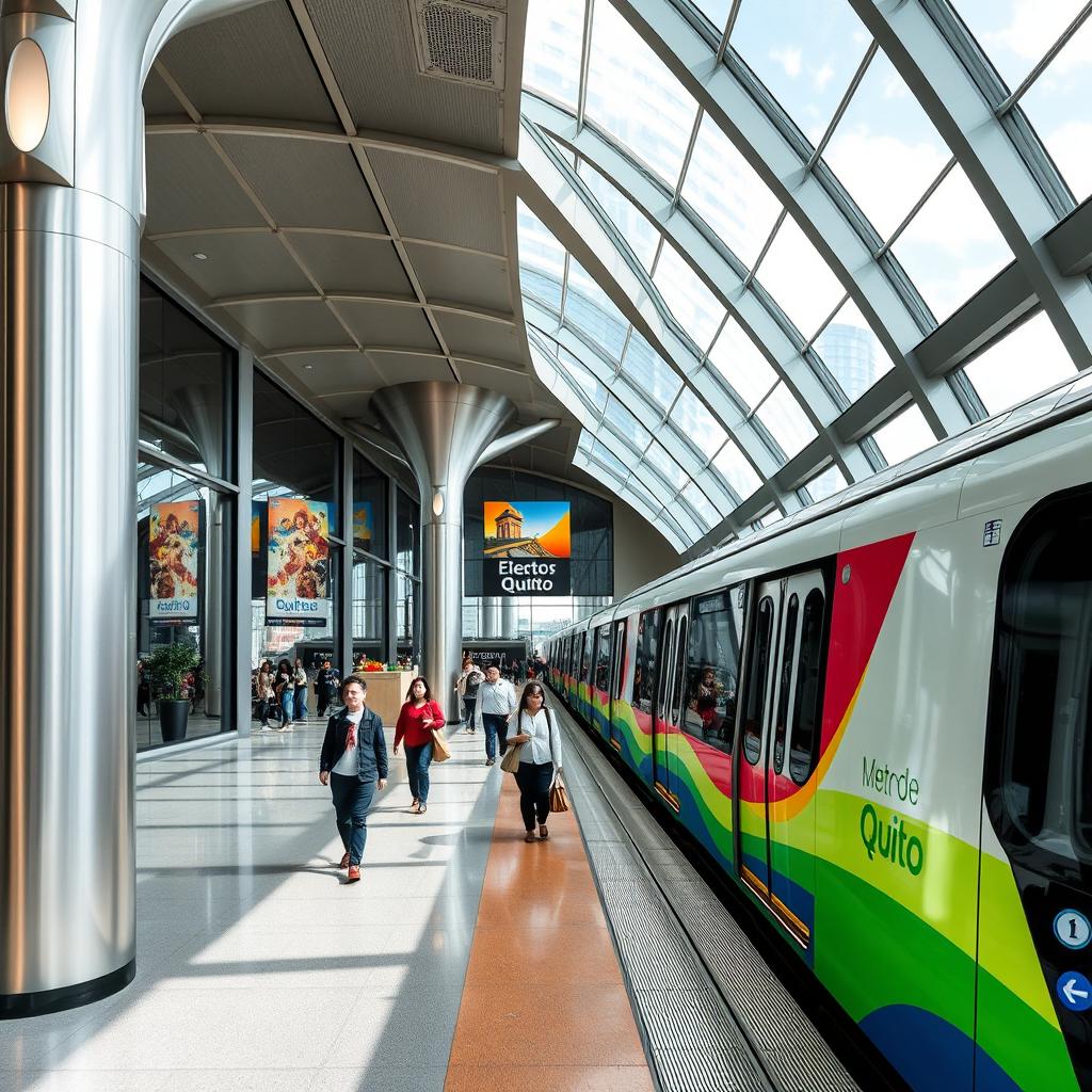 A futuristic and modern train station showing the Metro de Quito in Ecuador