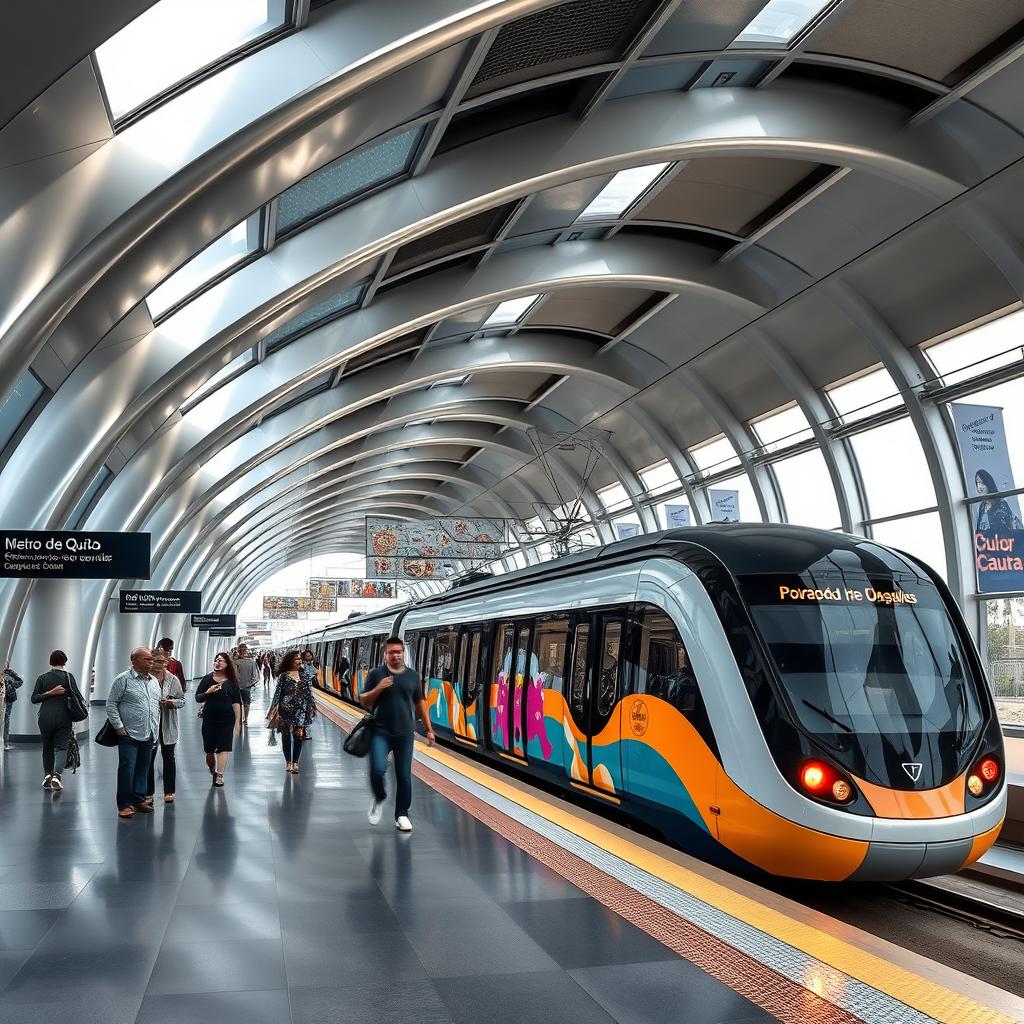 A futuristic and modern train station showing the Metro de Quito in Ecuador