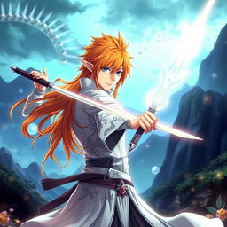 Ichigo Kurosaki in his white bankai form, envisioned as a half-elf