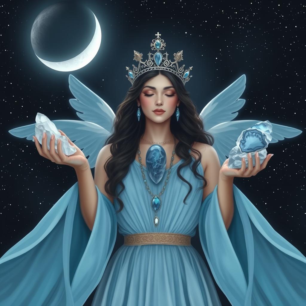 Luna, the Goddess of the Moon, radiates tranquility in a sky-blue colored dress with flowing sleeves, encapsulating an ethereal and serene allure