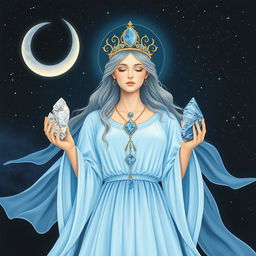 Luna, the Goddess of the Moon, radiates tranquility in a sky-blue colored dress with flowing sleeves, encapsulating an ethereal and serene allure