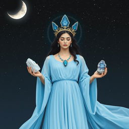 Luna, the Goddess of the Moon, radiates tranquility in a sky-blue colored dress with flowing sleeves, encapsulating an ethereal and serene allure