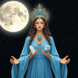 Luna, the Goddess of the Moon, radiates tranquility in a sky-blue colored dress with flowing sleeves, encapsulating an ethereal and serene allure