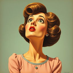 A retro advertisement featuring a woman with a disproportionately large head and small body