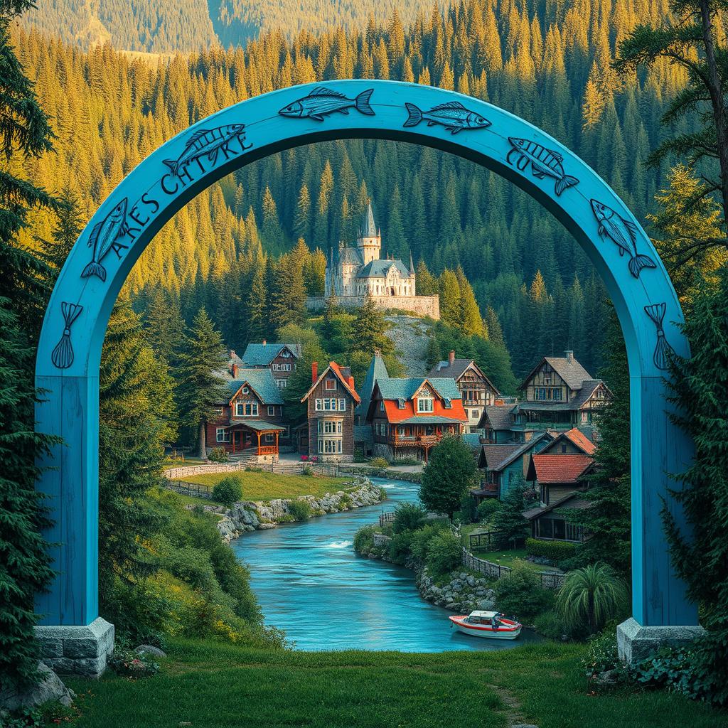 a bohemian-style village set in a lush forest, surrounded by abundant trees and water features like rivers and lakes, creating a serene atmosphere