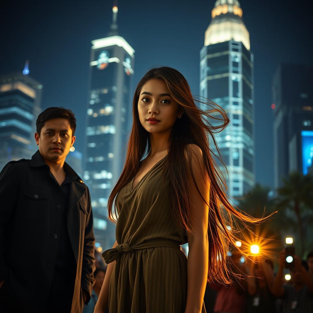 A captivating scene set in the city of Jakarta at night, with glittering skyscrapers as the backdrop