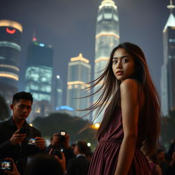 A captivating scene set in the city of Jakarta at night, with glittering skyscrapers as the backdrop