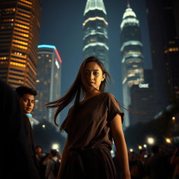 A captivating scene set in the city of Jakarta at night, with glittering skyscrapers as the backdrop