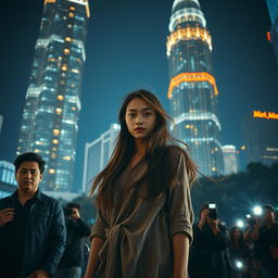 A captivating scene set in the city of Jakarta at night, with glittering skyscrapers as the backdrop