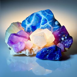 A stunning arrangement of fluorite, sodalite, lapis lazuli, and amethyst crystals