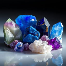 A stunning arrangement of fluorite, sodalite, lapis lazuli, and amethyst crystals