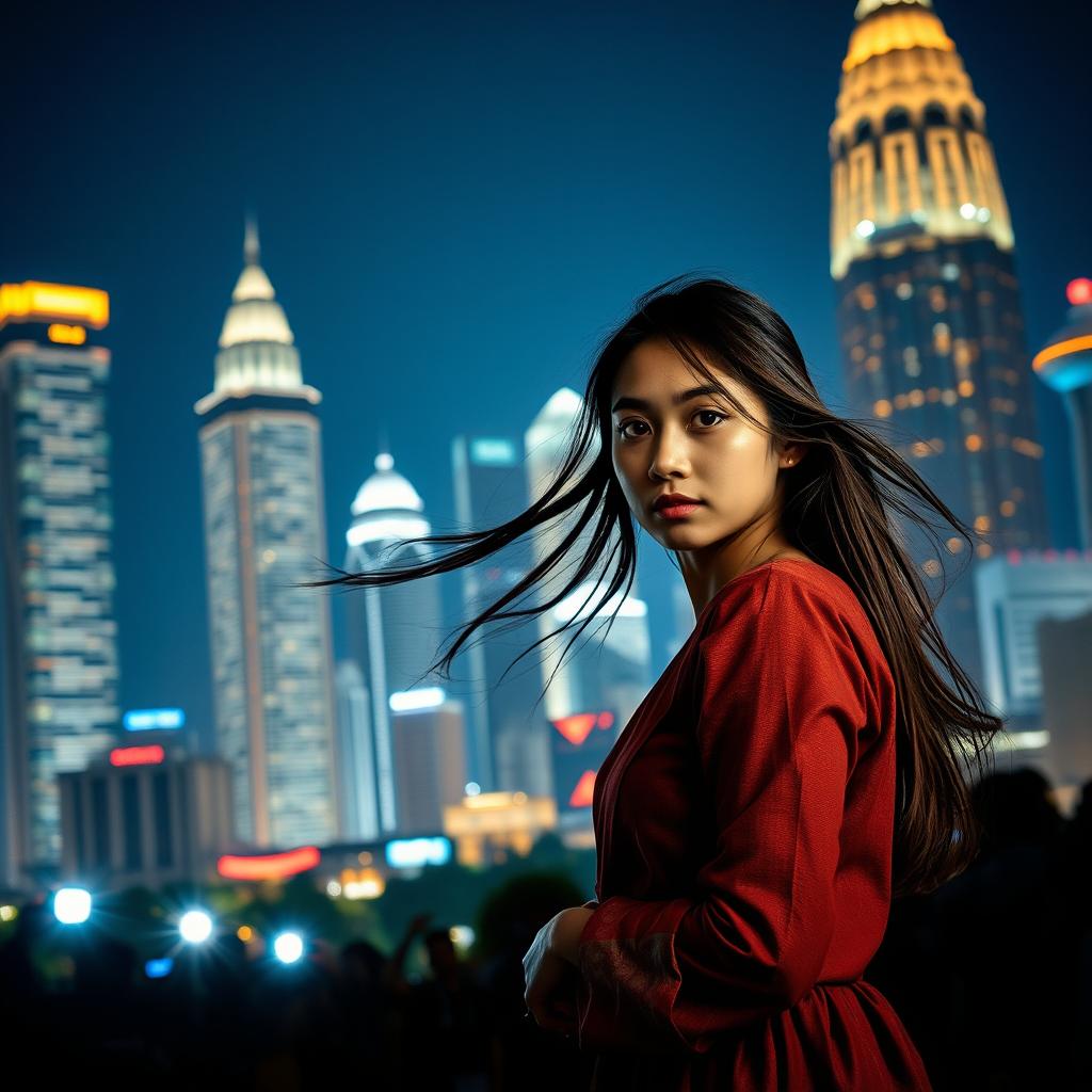 A vibrant cityscape of Jakarta at night with glistening skyscrapers in the background