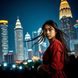 A vibrant cityscape of Jakarta at night with glistening skyscrapers in the background