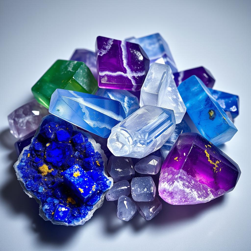 A visually striking composition featuring a pile of fluorite, sodalite, lapis lazuli, and amethyst crystals on a transparent background