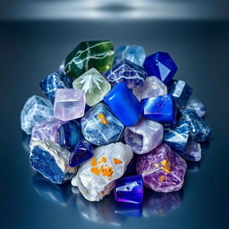 A visually striking composition featuring a pile of fluorite, sodalite, lapis lazuli, and amethyst crystals on a transparent background