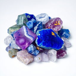 A visually striking composition featuring a pile of fluorite, sodalite, lapis lazuli, and amethyst crystals on a transparent background