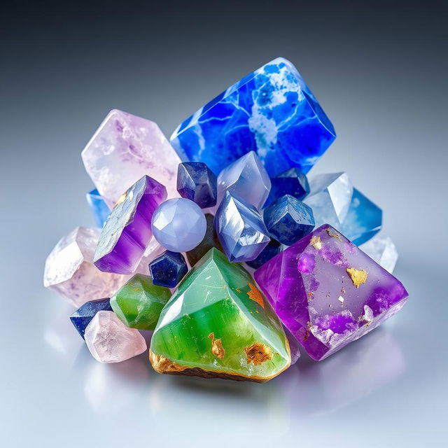 A visually striking composition featuring a pile of fluorite, sodalite, lapis lazuli, and amethyst crystals on a transparent background