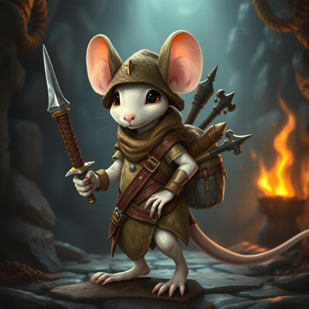 A slender anthropomorphic white mouse equipped with light leather armor and a dragon-scale hunter's hat, embodying the roles of both a bard and a demon hunter