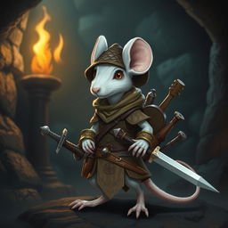 A slender anthropomorphic white mouse equipped with light leather armor and a dragon-scale hunter's hat, embodying the roles of both a bard and a demon hunter